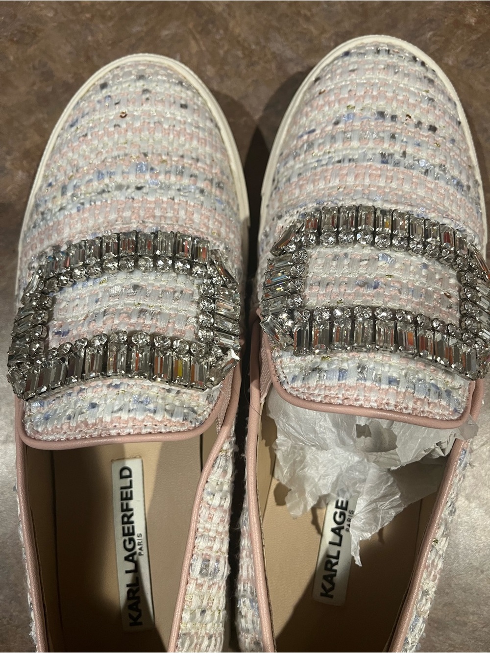 Karl Lagerfeld Pastel Tweed Slip-On Loafers with Crystal Embellishment - Picture 5 of 7